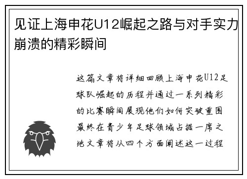 见证上海申花U12崛起之路与对手实力崩溃的精彩瞬间