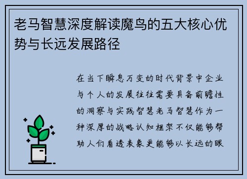 老马智慧深度解读魔鸟的五大核心优势与长远发展路径