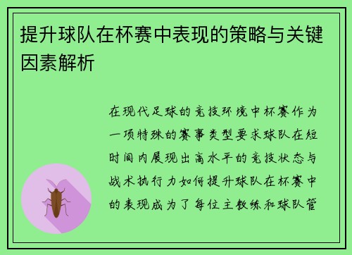 提升球队在杯赛中表现的策略与关键因素解析