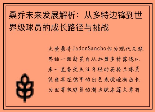 桑乔未来发展解析：从多特边锋到世界级球员的成长路径与挑战